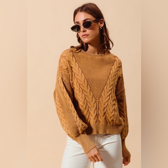 NWT So Me Camel Brown Mineral Washed Cable Knit Ribbed Boho Bubble Sweater XL - Picture 3 of 7